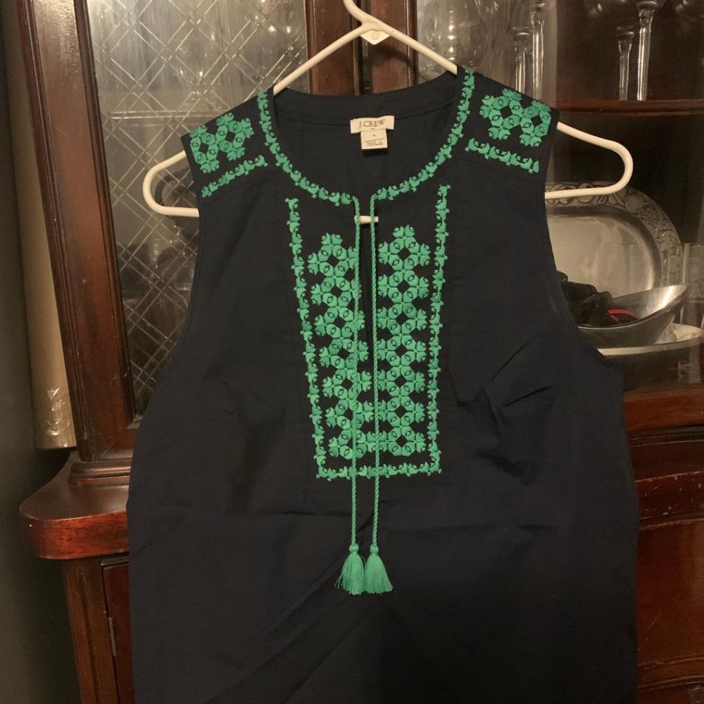 J Crew Navy &  Green Embroidered Sleeveless Blouse